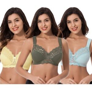 🆕 Plus Size Unlined Minimizer Wirefree Bras with Embroidery Lace-3Pack